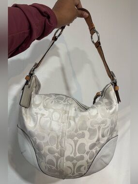 Coach Vintage White Signature Jacquard Hobo with Tan Leather Strap